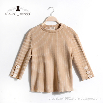 Blouse Femme New Arrival Cotton Stripe Champagne Color Three Quarter Sleeve